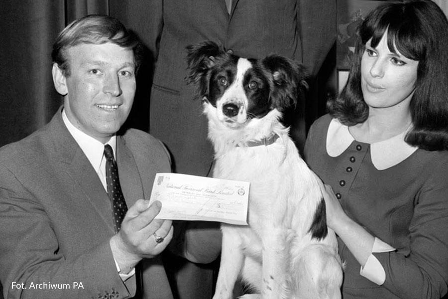Czarno-białe zdjęcie psa Picklesa z zadowolonymi właścicielami po odbiorze nagrody w postaci czeku za odnalezienie Pucharu Świata