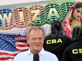 Donald Tusk, flaga USA, wiza, funkcjonariusze CBA i Hinduska w tradycyjnym stroju jako symbole afery wizowej