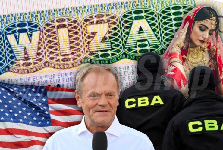 Donald Tusk, flaga USA, wiza, funkcjonariusze CBA i Hinduska w tradycyjnym stroju jako symbole afery wizowej