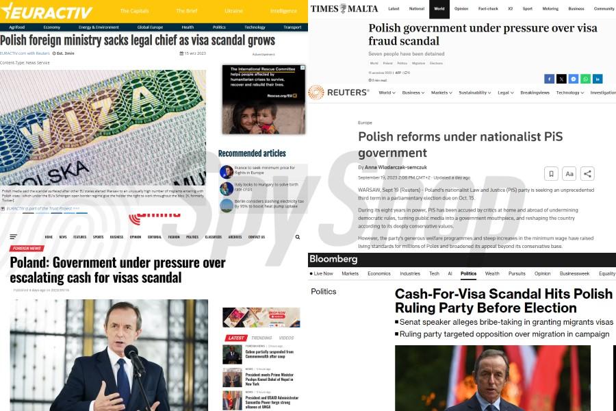Screeny nagłówków zagranicznych artykułów o aferze wizowej w Polsce