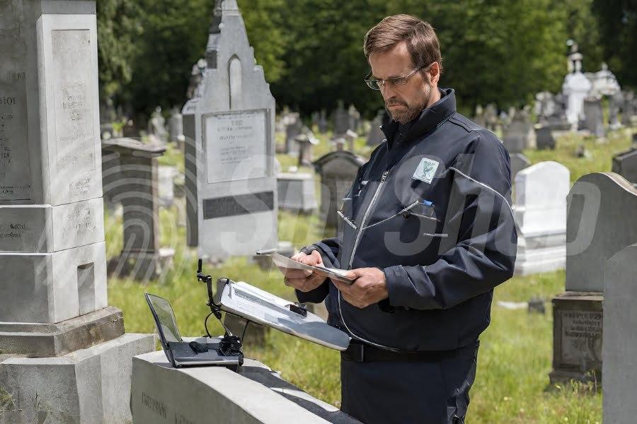Skupiony pracownik montuje monitoring na grobie na cmentarzu w słoneczny dzień