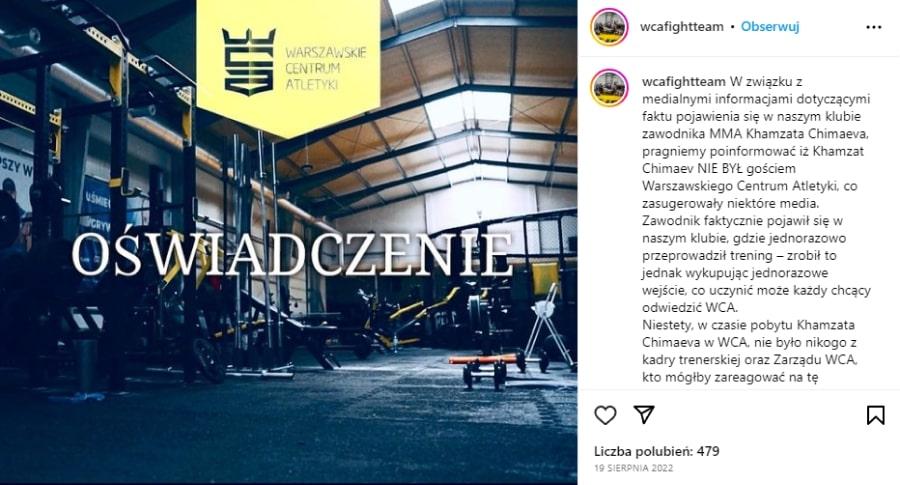 Wpis WCA na Instagramie z oświadczeniem o pobycie Chimaeva w klubie