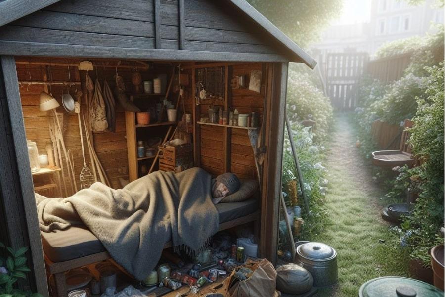 Obraz ogródka działkowego. W altance śpi bezdomny mężczyzna. Wokół niego dużo śmieci.