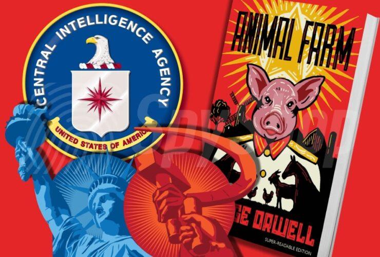 Na czerwonym tle znajdują się logo CIA, książka "Folwark zwierzęcy" George'a Orwell'a. Na dole niebieski wizerunek Statuły Wolności połączona z czerwonym młotem i sierpem.
