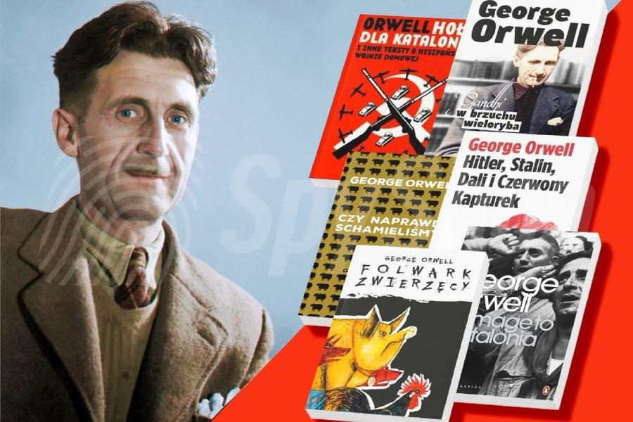Po lewej stronie zdjęcie portretowe Georga Orwella. Po prawej stronie okładki jego sześciu książek.