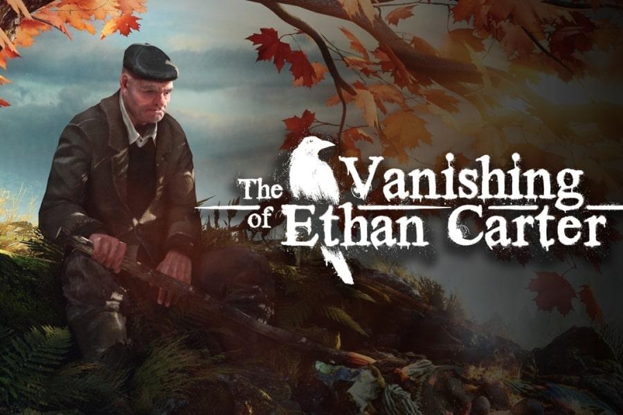 Okładka gry. po lewej stronie na kamieniu siedzi starszy mężczyzna. Po prawej stronie duży biały napis "The Vanishing of Ethan Carter". W tle jesienny krajobraz.