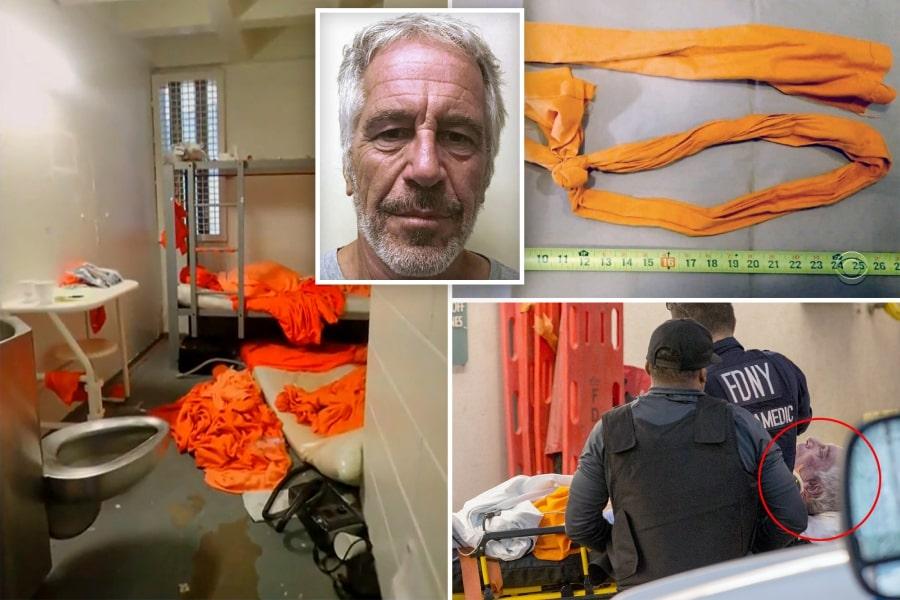 Kolaż zdjęć przedstawiających twarz Jeffrey'a Epsteina, celę tuż po jego śmierci, kawałek prześcieradła z zawiązaną pętlą i Epsteina w towarzystwie służby medycznej.