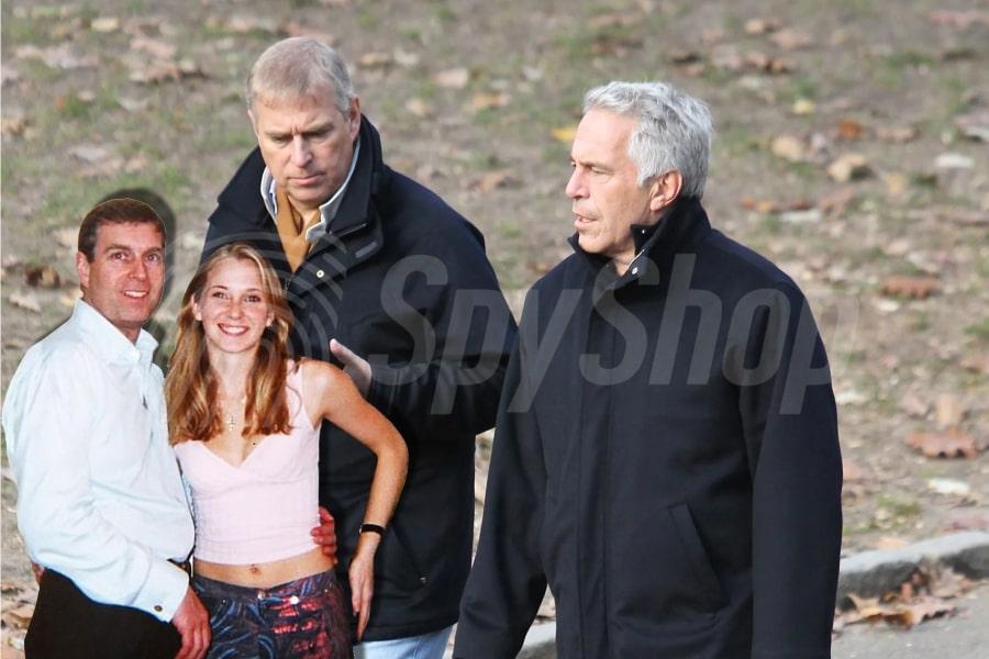 Zdjęcie spacerujących po lewej Książę Andrzej, a po prawej Jeffrey Epstein. Po lewej stronie zdjęcie sprzed lat Księcia Andrzeja w towarzystwie 17-letniej Virginii Giuffre.