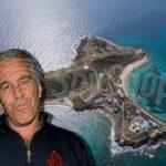 Zdjęcie wyspy Jeffrey'a Epsteina z lotu ptaka. Po lewej stronie zdjęcie portretowe Epseina.