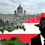 W tle zdjęcie pałacu w Wiedniu. Na pierwszym planie flaga Austrii z postacią szpiega.