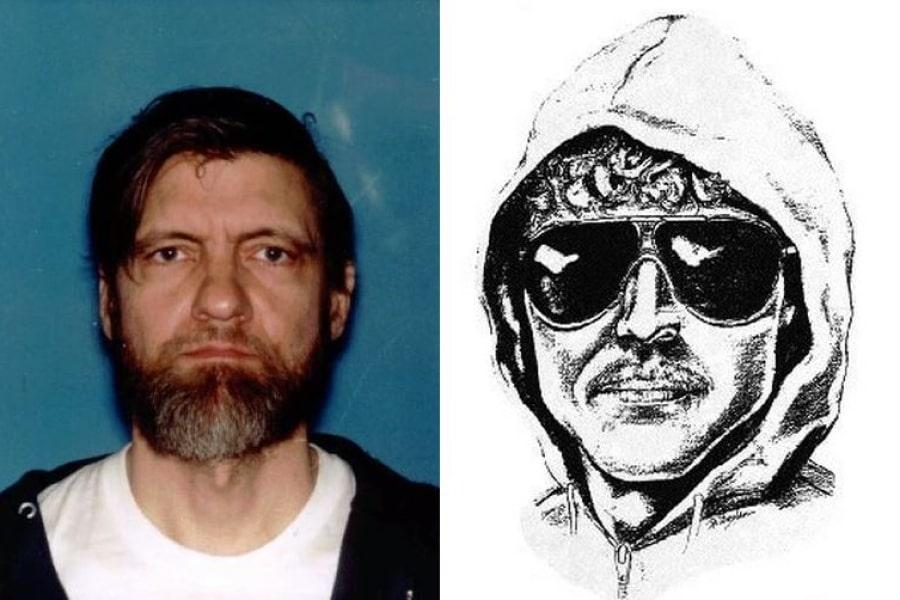 Po lewej stronie zdjęcie Teda Kaczynskiego, a po prawej jego portret pamięciowy z Salt Lake City.