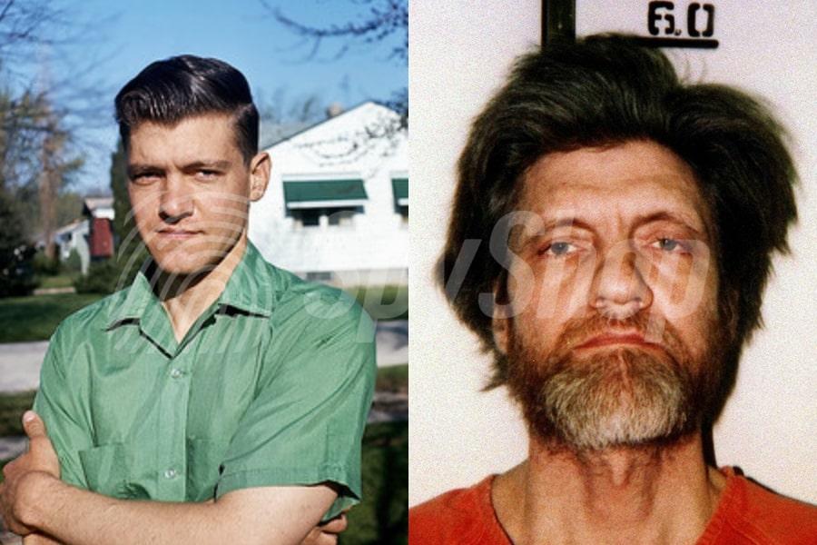 Po lewej stronie zdjęcie Teda Kaczynskiego z młodości. Po prawej stronie jego zdjęcie więzienne.