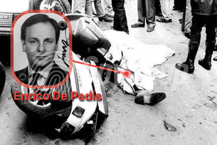 Archiwalne zdjęcie ciała Enrico De Pedisa po jego zastrzeleniu. Po lewej stronie jego zdjęcie z dokumentów.