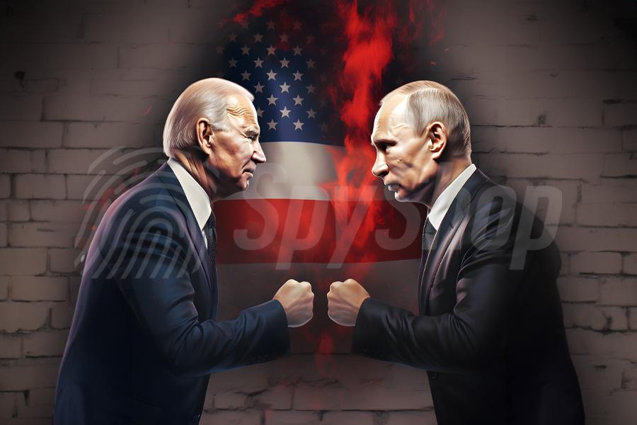Po lewej Joe Biden, po prawej Władimir Putin. Prezydenci stoją naprzeciwko siebie gotowi do walki. Między nimi połączenie flag Rosji i USA.