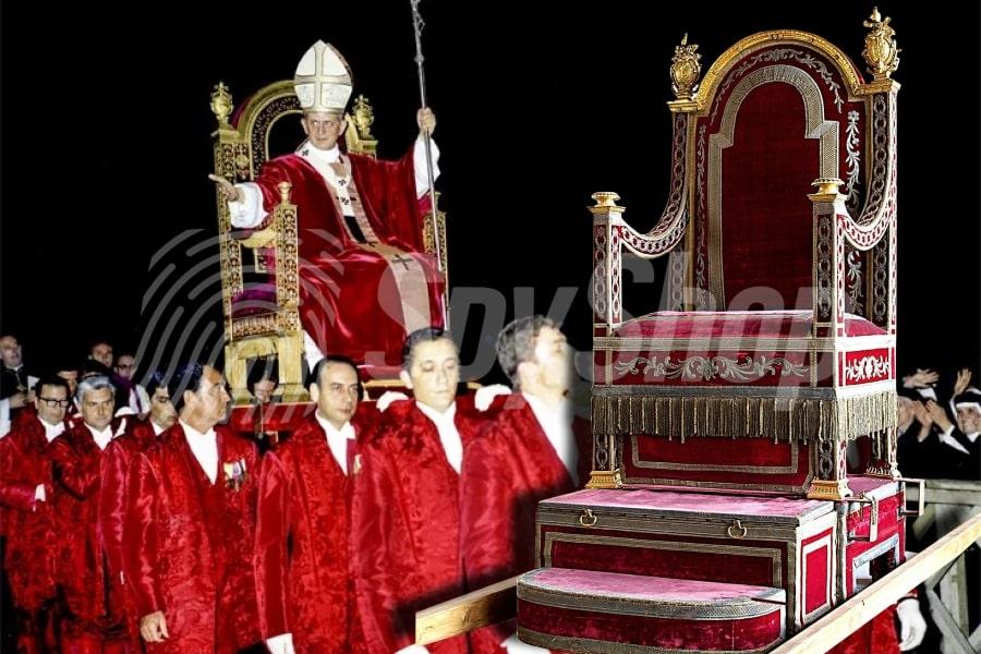 Zdjęcie papieża niesionego na papieskiej lektyce. Po prawej stronie dokładne zdjęcie Sedia Gestatoria.