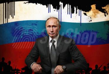 Na pierwszym planie portret Władimira Putina. W tle flaga Rosji w konturze mapy kraju. U dołu cienie żołnierzy.