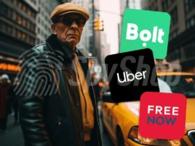 Starszy kierowca taksówki. Po prawej stronie loga najbardziej znanych aplikacji przewozowych Bolt, Uber i Free Now.