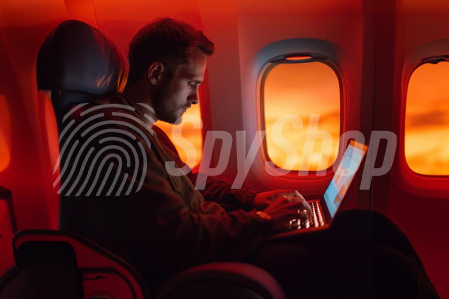 Mężczyzna siedzi w samolocie i korzysta z laptopa. Za oknem pomarańczowe niebo i chmury.