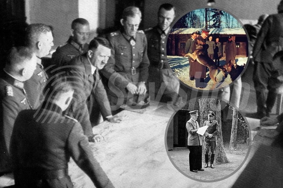 Narada Adolfa Hitlera i nazistowskich oficerów w Wilczym Szańcu. W mniejszych ilustracjach wycinki z codziennego życia.
