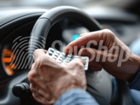 Na pierwszym planie zbliżenie na dłonie kierowcy trzymające tabletki z substancjami odurzającymi. W tle kierownica i deska rozdzielcza samochodu.