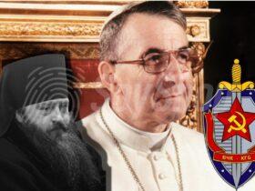 Zdjęcie papieża Jana Pawła I. Po lewej stronie małe zdjęcie metropolity Nikodema. W prawym dolnym rogu logo KGB.