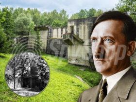 Jeden z budynków kompleksu Wilczy Szaniec. Po prawej stronie portret Adolfa Hitlera, w mniejszej ilustracji widoczny bunkier.