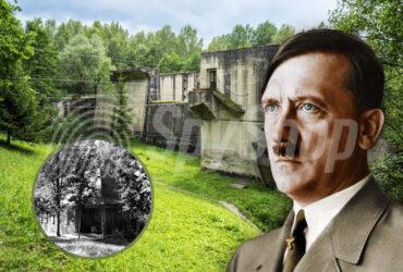 Jeden z budynków kompleksu Wilczy Szaniec. Po prawej stronie portret Adolfa Hitlera, w mniejszej ilustracji widoczny bunkier.